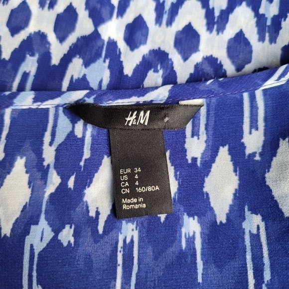 H&M SHEER Peasant BOHO Blouse Shirt Top 4 Small White Blue Kimono Sleeve Ruffle - Picture 10 of 10